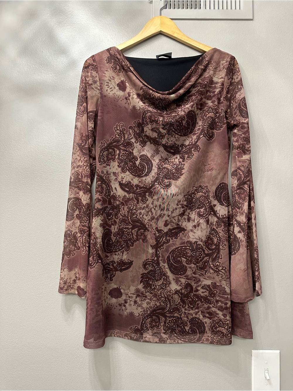 Paisley Cowl Neck Long Sleeve Tunic or Mini dress in mauve